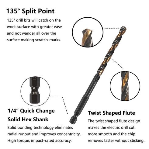 10PCS 1/4" Impact Drill Bit Set, Hex Drill Bits, Black Gold HSS Quick Change Impact Driver Set for Wood, Plastic