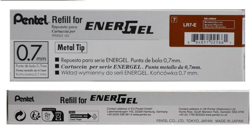 Pentel Refill Ink for EnerGel RTX Retractable Gel Pen, 12 Pack, 0.7mm Medium Point, Brown (LR7-E)