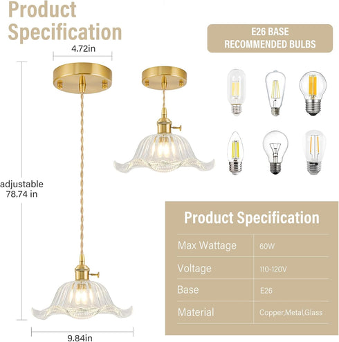 FONTA VERDE Vintage Pendant Lights Kitchen Island, Adjustable Brass Pendant Light Fixtures with Transparent Lily Glass