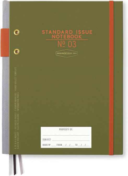 DesignWorks Ink Standard Issue Planner Notebook No. 3, Army Green with 192 Lined Pages and Elastic Closure