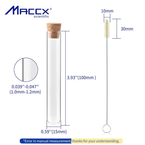 Glass Test Tubes with Cork and Brush, 10ml/Dia.15x100mm, Pack of 50, 3.3 Borosilicate Glass