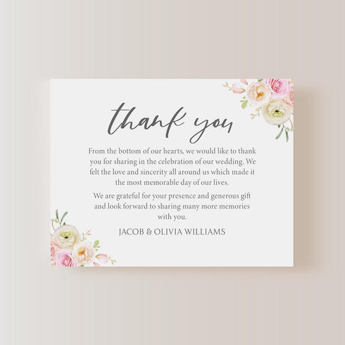 5.5x4.25 4) Personalized Wedding Thank You Cards with Message, Flat Thank You Note Cards with Blush Pink Peonies