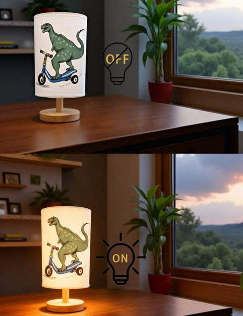 3 Bulb Dinosaur Lamp, Dinosaur Decor Boys Room, Color Night Light Wood Nightstand Desk Base Flaxen Fabric Shade