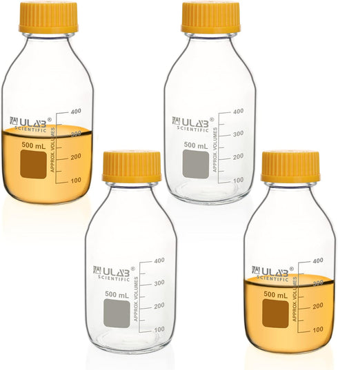 ULAB Round Media Storage Bottle, 500ml (16.9oz) 3.3 Borosilicate Glass with GL45 Screw Cap, Pack of 4