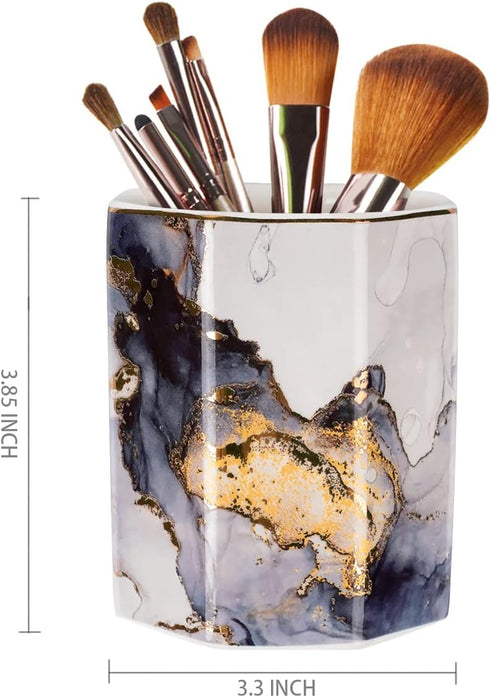 WAVEYU Ceramic Pen Holder for Desk Cute, Pencil Cup Pot Desk Organizer, Makeup Brush Holder for Women, Men, Kids, Desk Marble Decor for Office, Classroom, Home, Gray Golden by WAVEYU