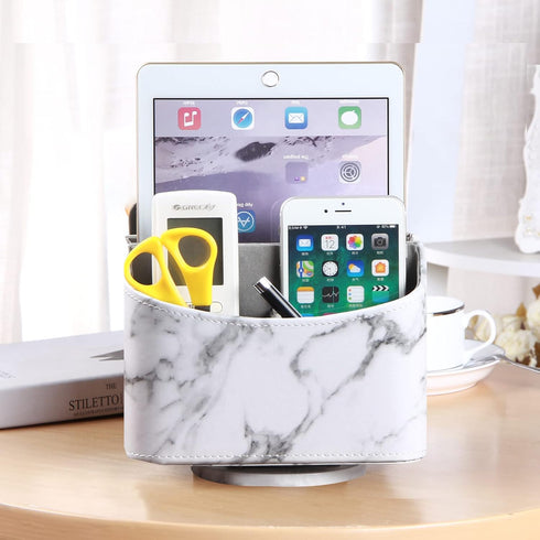Leather 360° Rotatable Remote Control Holder, Nightstand Caddy for Office Supplies, Spinning Storage Box for Pen, Mail,