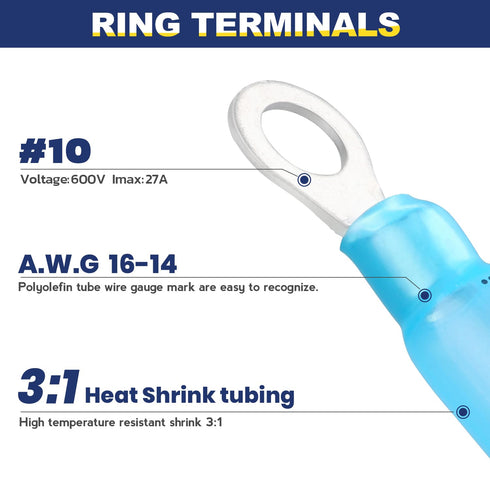 haisstronica 200pcs #10 Blue Marine Grade Heat Shrink Ring Connectors, 16-14 Gauge Tinned Red Copper Waterproof Eyelet