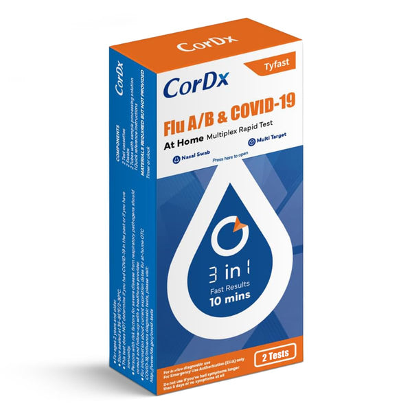 CorDx TyFast Flu A/B & Covid-19 Multiplex Rapid Test, 10 Mins at Home, FDA Authorized, 3-in-1 Combo Kit