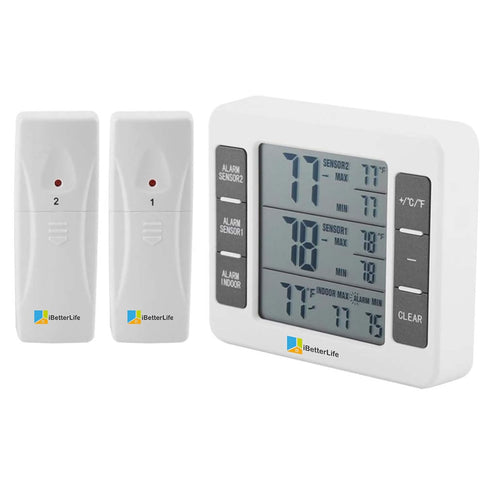 iBetterLife Digital Refrigerator Thermometer - Wireless Indoor Outdoor Temperature Monitor with 2 Sensors, Big LCD