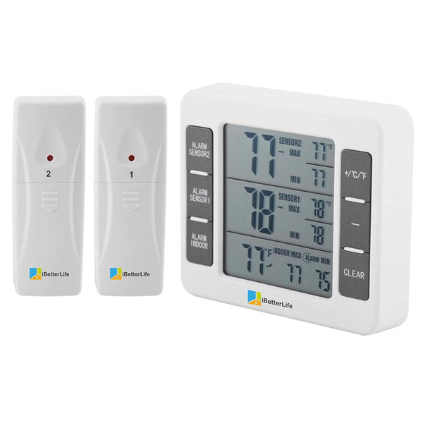 iBetterLife Digital Refrigerator Thermometer - Wireless Indoor Outdoor Temperature Monitor with 2 Sensors, Big LCD