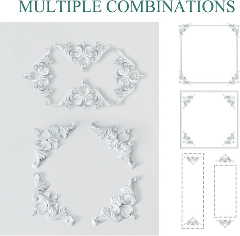 2 Project4.5IN*4.5IN PCS Carved Appliques Onlays, White PVC Corners Applique Flower Carvings Decals for Mirrors