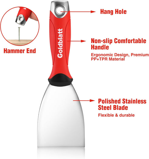Goldblatt 3" Putty Knife, Stainless Steel Scraping Tool with Hammer End, Soft Grip for Drywall Repairing