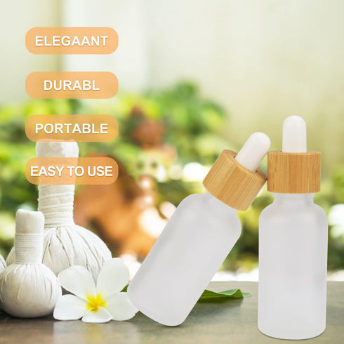 4 Pack Frosted Glass Dropper Bottles, Essential Oil Bottles with Eye Dropper and Bamboo Lids, 30ml/1oz
