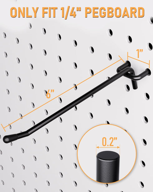 INCLY 60 Pack 6 Inch Black Pegboard Hooks, 1/4" Heavy Duty Accessories for Pegboard Tool Hangers