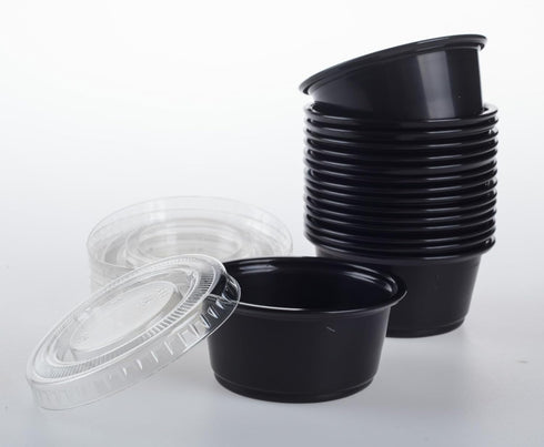 Golden Apple - 2oz Black Plastic Jello Shot Souffle Cups with Lids, BPA Free