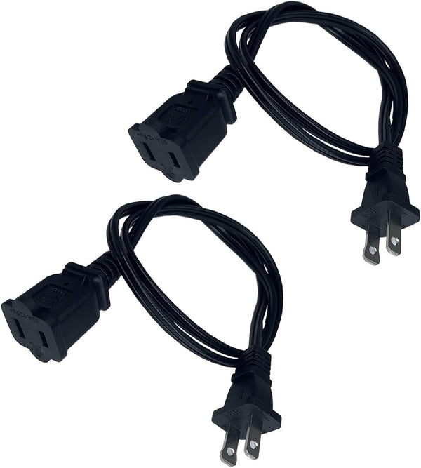 Short Extension Cord, 3 Feet Black for Indoor Use - Small Polarized 2-Prong Male-Female Power Cord Cable, 2 Pack