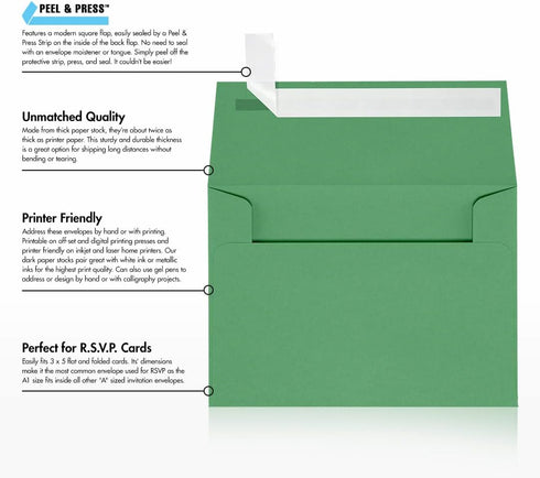 LUXPaper 4Bar A1 Invitation Envelopes | 50 Qty | Peel & Press | 3 5/8" x 5 1/8" | Holiday Green | 80lb. Text
