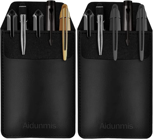 Pen Pocket Protector, 2 Pieces PU Leather Pocket Pen Holder Organizer for Shirts, Lab Coats, Multi-Purpose (Black)