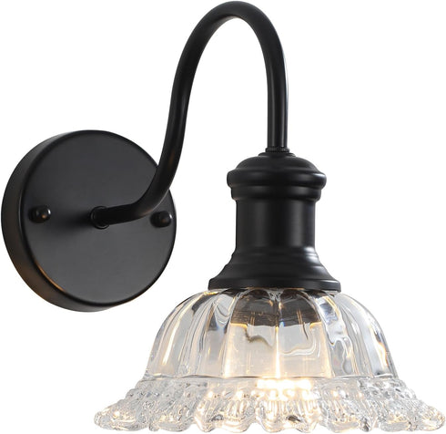 MKonpeny Bathroom Wall Sconce, Black Wall Lamp with Pressed Patterned Glass Lampshade, Farmhouse