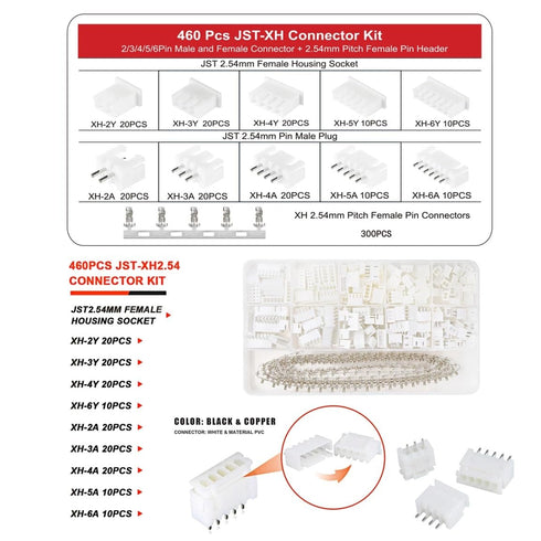 460PCS JST-XH Connector Kit 2/3/4/5/6Pin Male & Female Housing Socket and XH 2.54mm Pin Male Plug Pitch Female Pin Connectors