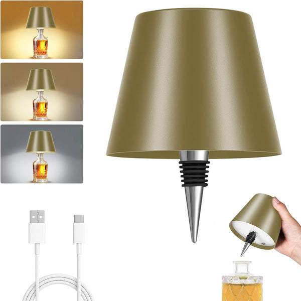 Rechargeable Wireless Bottle Lamp - 3 Color Stepless Dimmable, Metallic Gold Lampshade,