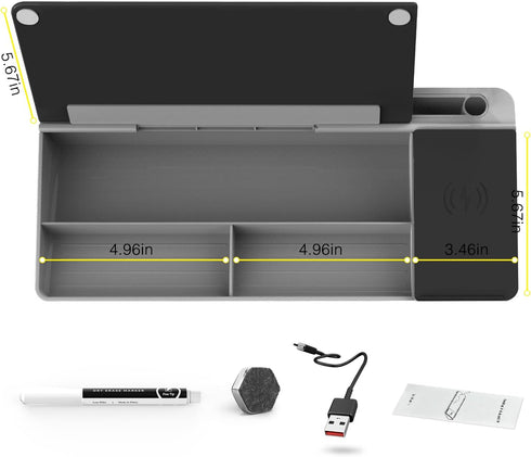 TOWON Black Desk Dry Erase Board with Charger Pad, Small Glass Desktop Whiteboard for Home Office Supply, 17 x 6 in