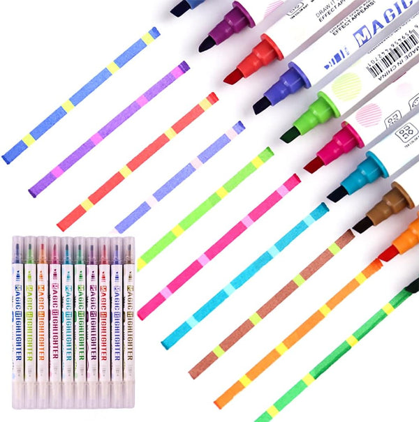 Gullor 10 Pieces Magic Highlighters, Dual Tip Color Changeable Highlighter Pens, Fluorescent Colors