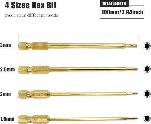 RC Hex Bit Set 1.5 2.0 2.5 3.0mm Hex Head Allen Wrench S2 Steel Titanium Hexagon Screwdriver Tool Kit 1/4" Hex Shank 3.9" Long for Bit Electric Screwgun/Power Drill RC Repair Working by HOPLEX