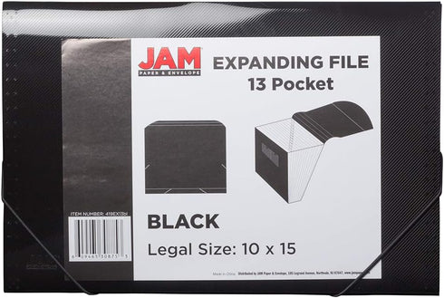 JAM PAPER Accordion Folders, 13 Pocket Plastic Expanding File, Legal Size, Black, Sold Individually