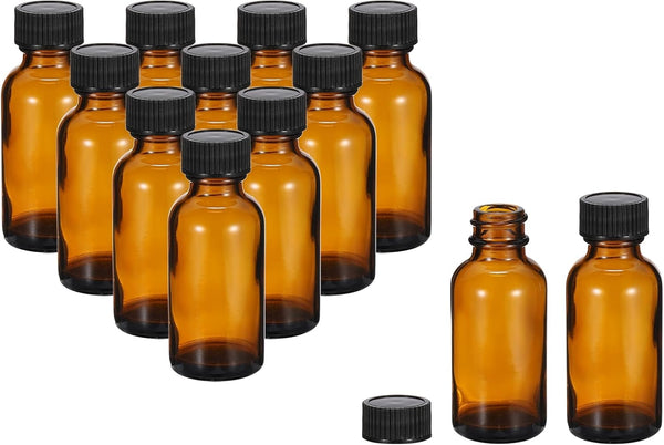PATIKIL 1oz (30ml) Glass Sample Bottles, 12Pcs Round Dispensing Bottles with Black Poly Cone Cap, Amber