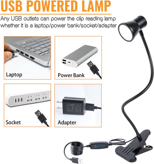 Clip Desk Lamp, USB Reading Light with Flexible Neck, 3 Color Temperature Options, 10 Dimmable Brightness Levels for