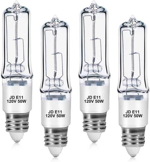 4-Pack JDE11 120V 50W Halogen Bulbs, E11 Mini Candelabra Base T4 Light