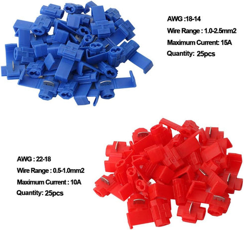 FULARR 50 Pieces Quick Splice Wire Connectors Set, Solderless Electrical Wire Crimp Branch Connector (25 Red + 25 Blue)