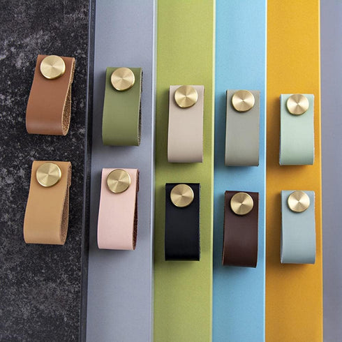PuLaif Handle,4Pcs Furniture Leather Handles,Cabinet Single Hole Top Layer Leather Handle Wardrobe Shoe Cabinet Door