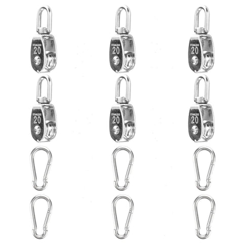 6Pcs 304 Stainless Steel M20 Single Pulley Block, Wire Rope Hanging Wheel with 6Pcs Spring Snap Hook