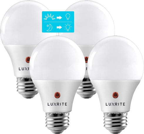 LUXRITE A19 LED Dusk to Dawn Light Bulbs, 60 Watt Equivalent, Automatic On Off Sensor, 5000K Bright White, 4 Pack