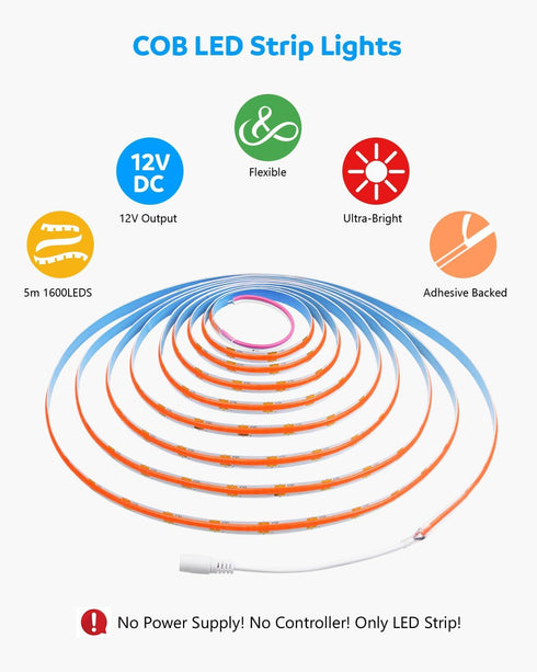 16.4ft 12V 1600Leds/5M Closet Dimmer Aclorol Led COB Light Strip Red Flexible COB Strip Lights for Bedroom Tape