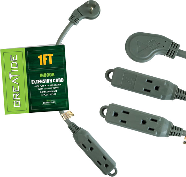 1 Ft Flat Plug Extension Cord, 16 AWG 3 Prong Grounded Low Profile Extension Cable, 3 Outlet Extension Wire Grey