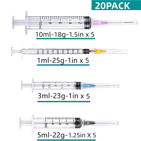20 Pack Plastic Syringe Luer Lock with Needle - 10ml, 5ml, 3ml, 1ml Syringes and 18Ga, 22Ga, 23Ga, 25Ga Needles