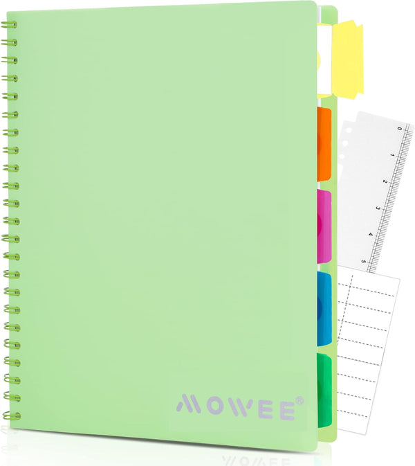 Spiral Notebook, 5 Subject College Ruled with Dividers, Pocket Tabs, Ruler, 100 Sheets, 200 Pages, 8.5''x11'' Lime