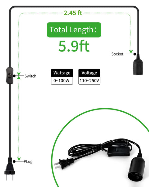 5.9ft 360W E26/E27 3-Pack Extension Hanging Lantern Cord Cable, HESSION Lamp Cord -MAX - On/Off Switch Black Pendant