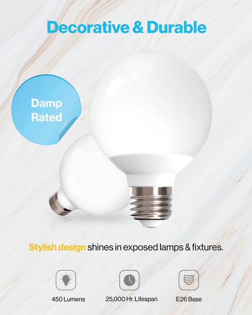 10 Pack G25 Bulbs, Bulb, 450 5000K 6W (40W Dimmable Bulb, E26 Sunco LED Light Vanity Globe Bathroom Light LM, Daylight