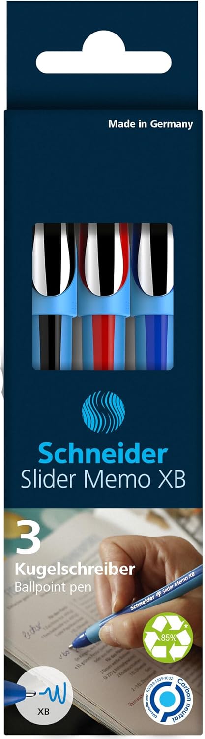 Schneider Slider Memo XB (Extra Broad) Ballpoint Pen, 1.4 mm, Light Blue Barrel, Assorted Ink Colors, Pack of 3 Pens: Black, Red, Blue (150293) by Schneider