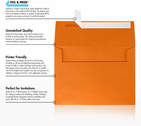 LUXPaper A7 Invitation Envelopes, Peel & Press, 5 1/4" x 7 1/4", Flame Metallic, 80lb Text, 50 Qty