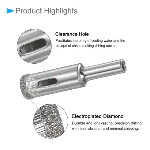 Diamond Drill Bits Set, 5-Pieces with 5mm to 12mm Cutting Diameter for Glass Drilling Hard Materials