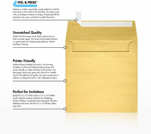 LUXPaper Square Invitation Envelopes | Gold Metallic | Peel & Press | 6" x 6" | 80lb. Text | 50 Qty