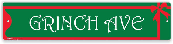 PetKa Signs and Graphics "Grinch Avenue" Aluminum Sign, 18" x 4", White Text on Green with Red Ribbon