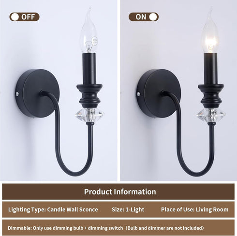 1-Light Black Wall Sconce, Farmhouse Vintage Candle Sconces Wall Light Fixtures for Living Room, Crystal Industrial