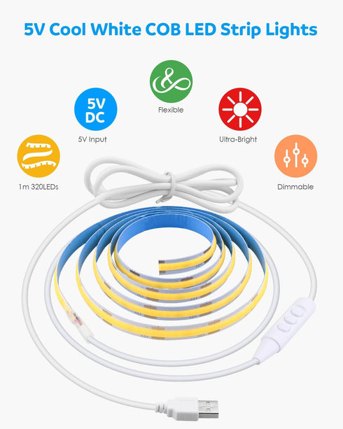 1M 5V 6000K Dimmable 3.28FT 320Leds 3D CRI>85 Aclorol COB LED Strip Light White USB Powered TV LED Backlights Flexible