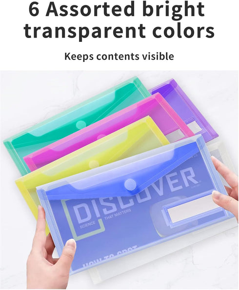 Sooez 24 Pack Clear Plastic Pencil Pouch, Poly Envelopes File Bag with Label Pocket for A6 Size Files